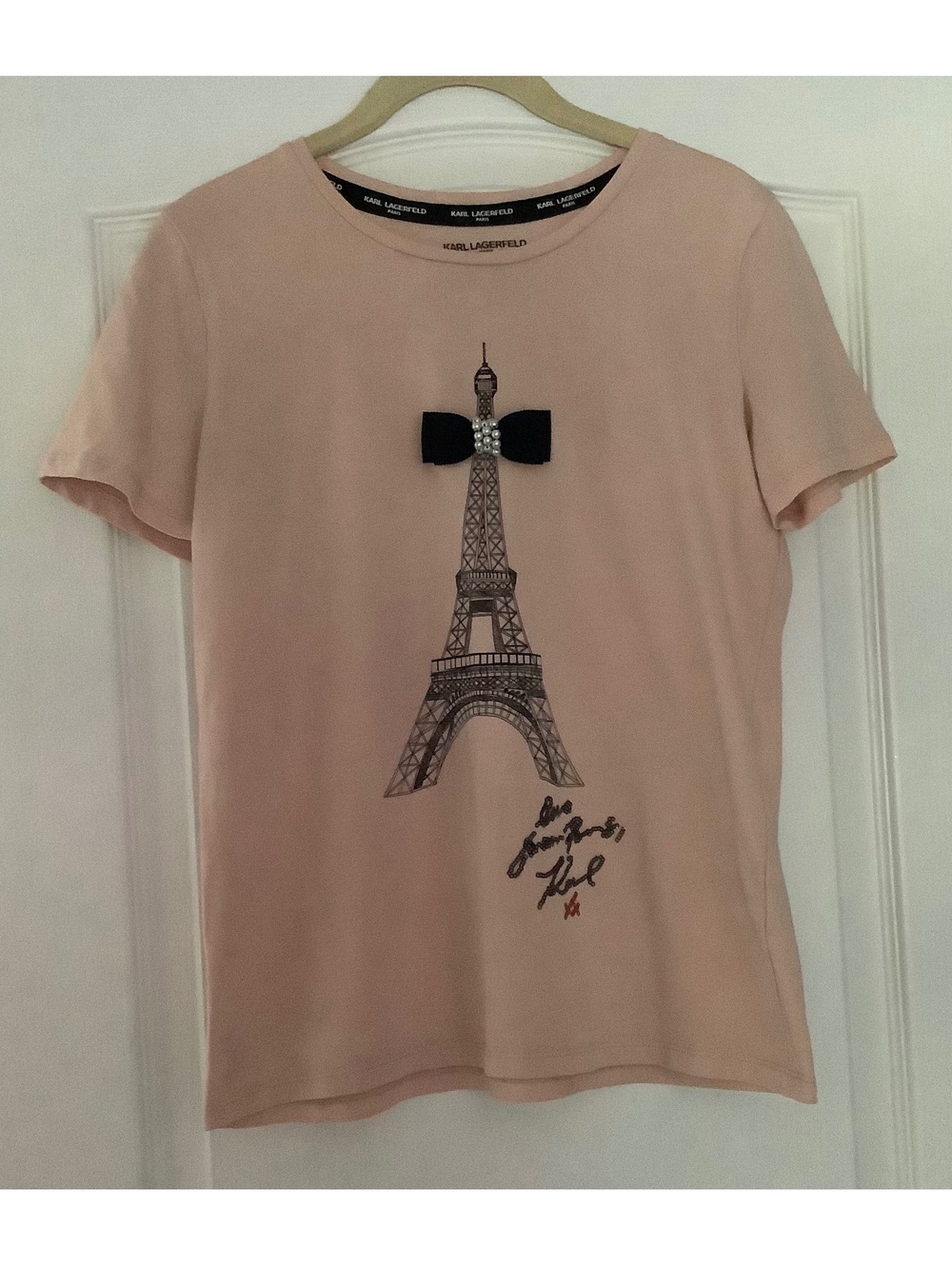 Karl Lagerfeld Paris Women's Pink Eiffel Tower Graphic T-Shirt with Bow XS